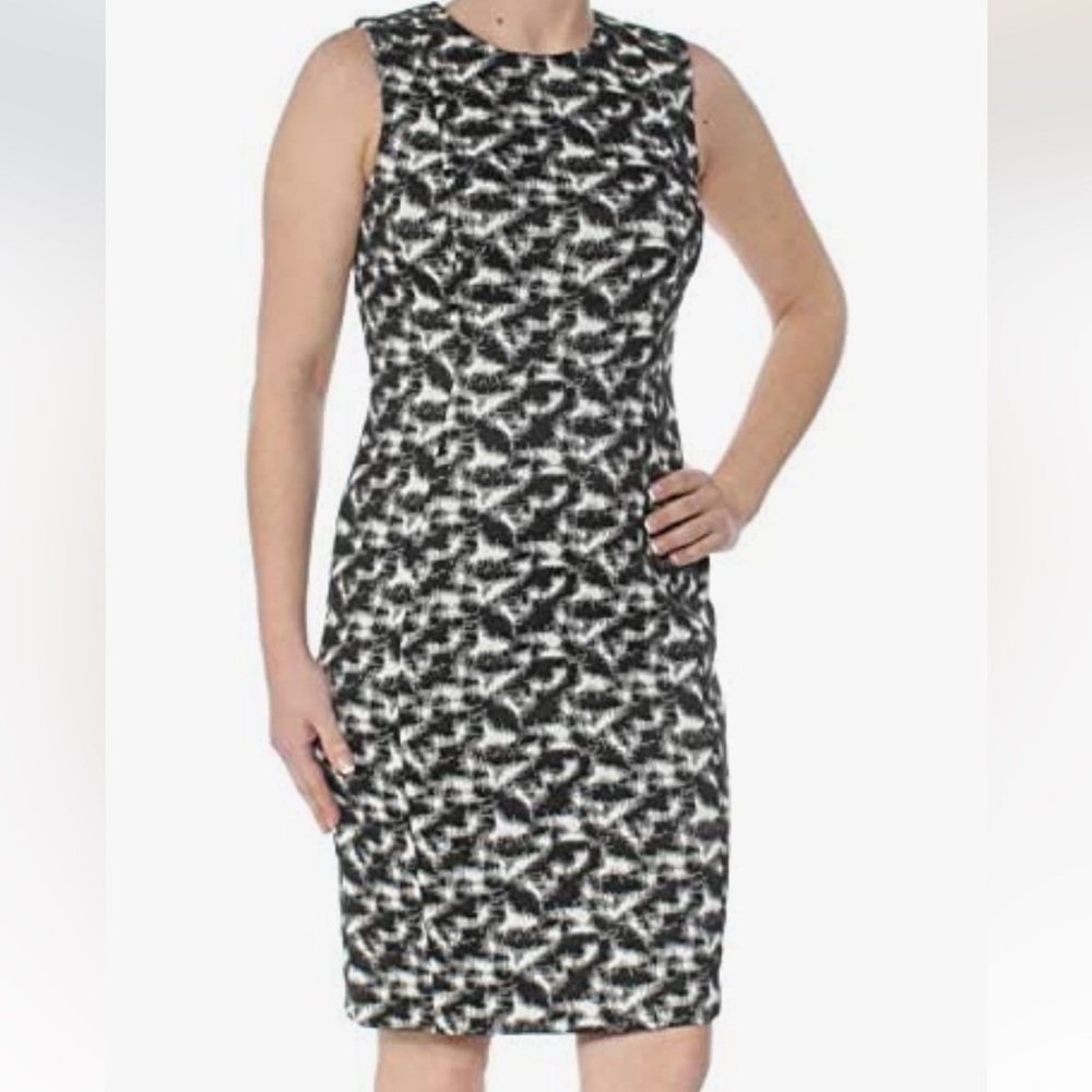 CK Black Printed Jacquard Sleeveless Jewel Neck MIDI Sheath Dress Size 8P